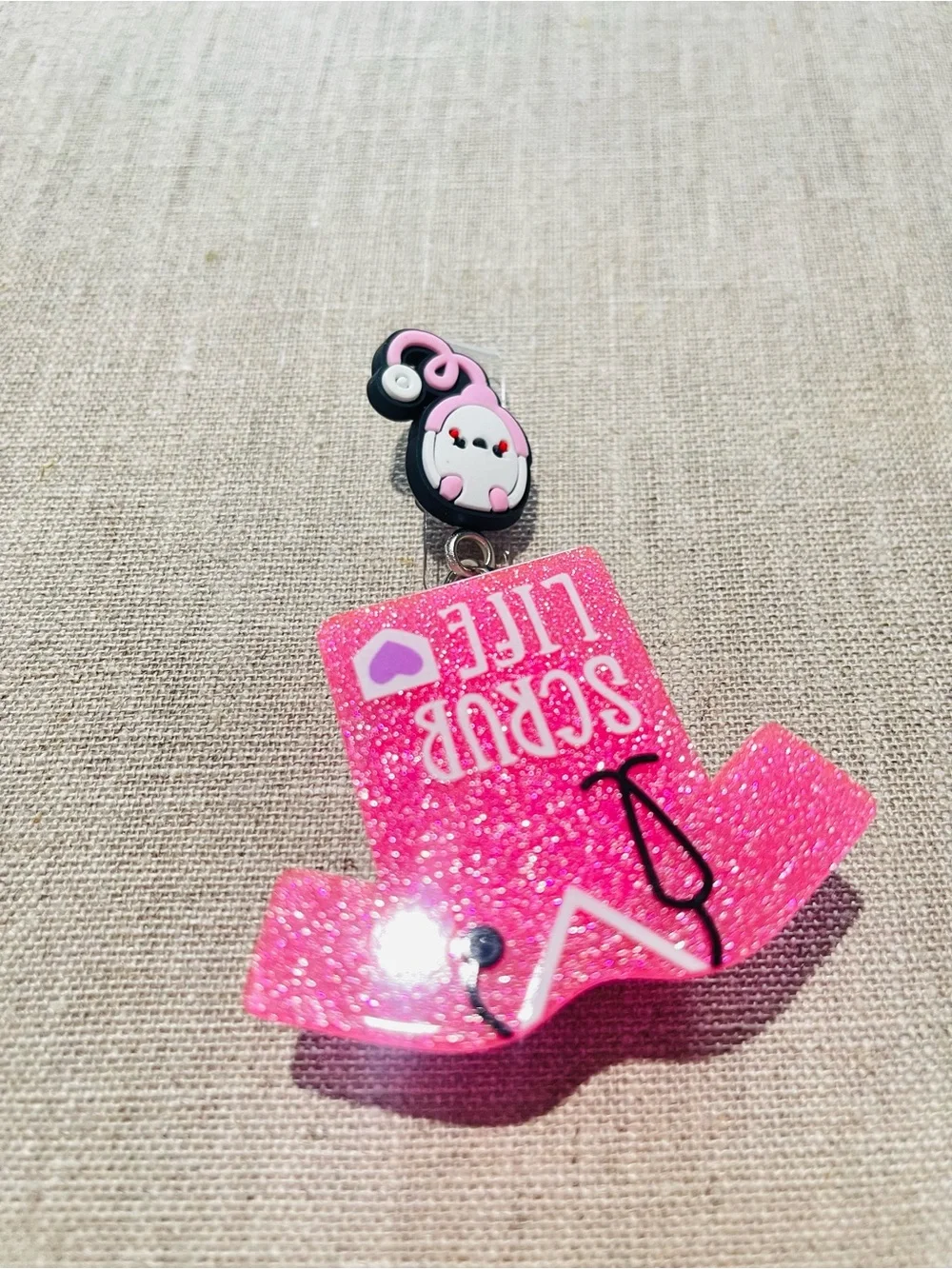 Pink 'Scrub Life' Nurse Badge Retractable Reel with Stethoscope Charm
